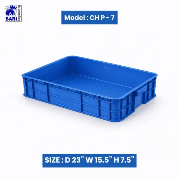 Blue plain plastic crate by Bari Engineering, model CHP-7, size 23 x 15.5 x 7.5 inches