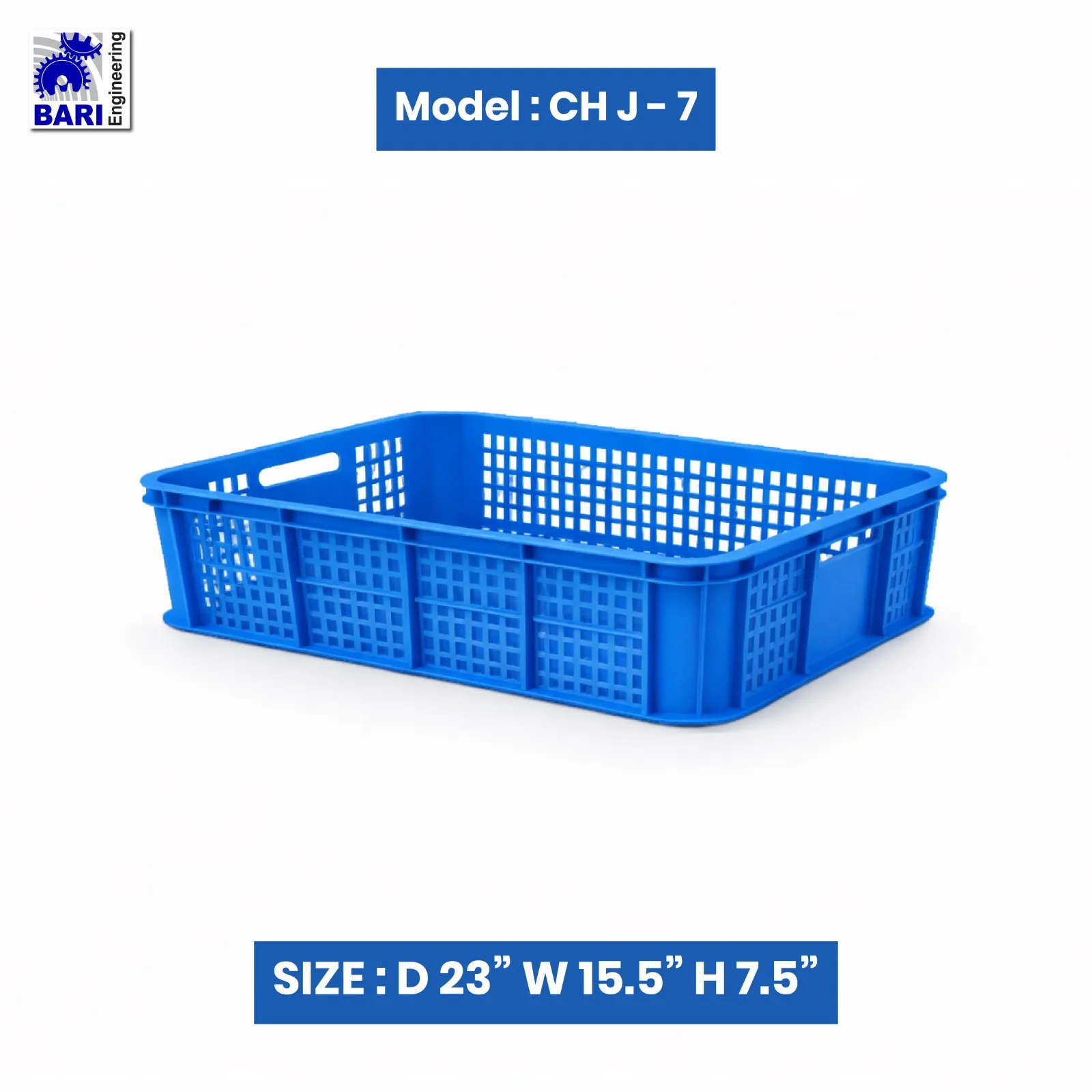 Blue perforated plastic crate by Bari Engineering, model CHJ-7, size 23 x 15.5 x 7.5 inches