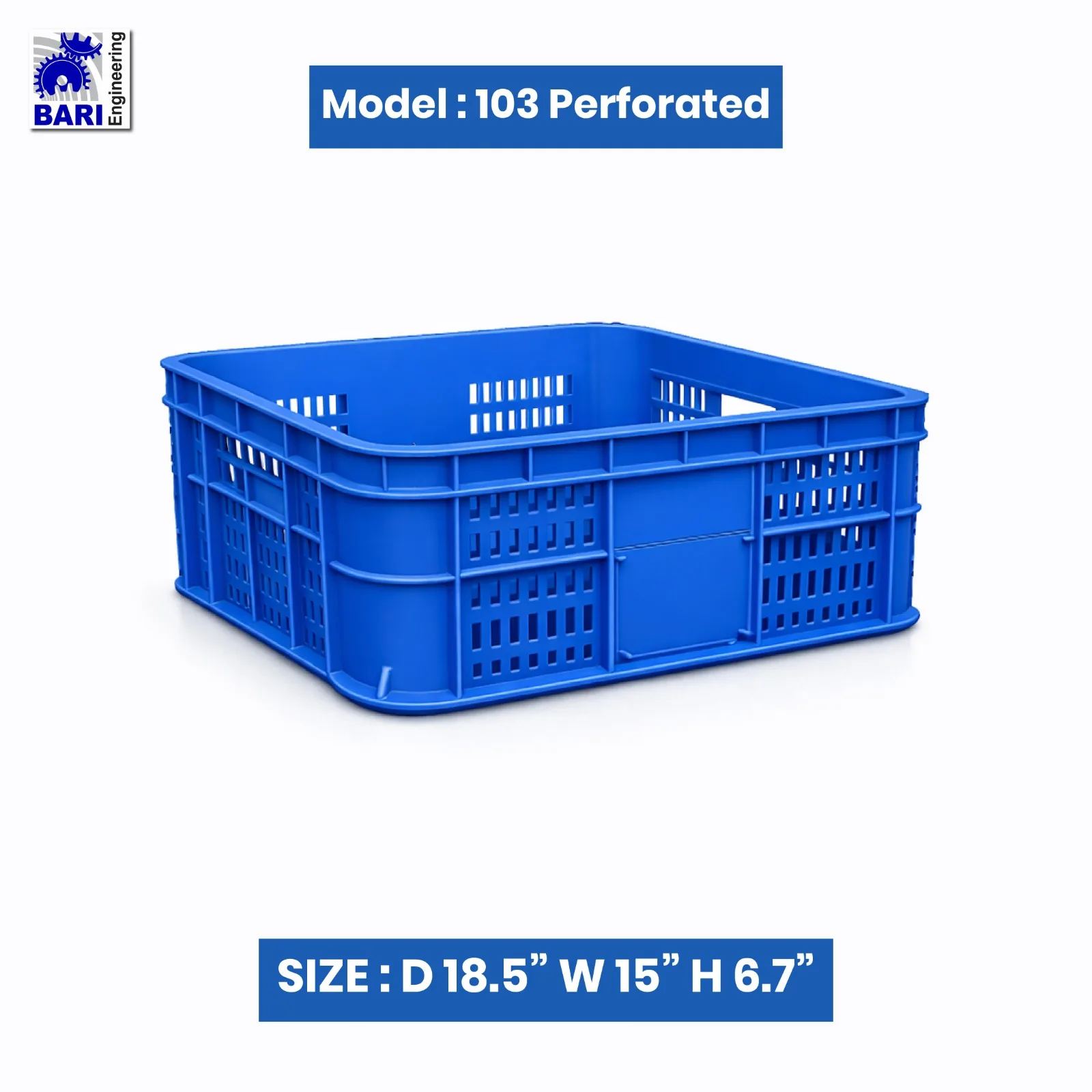 Blue perforated plastic crate by Bari Engineering, model 103, size 18.5 x 15 x 6.7 inches
