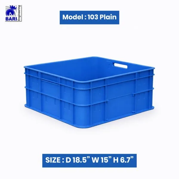 Blue plain plastic crate by Bari Engineering, model 103, size 18.5 x 15 x 6.7 inches