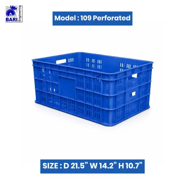 Blue perforated plastic crate by Bari Engineering, model 109, size 21.5 x 14.2 x 10.7 inches