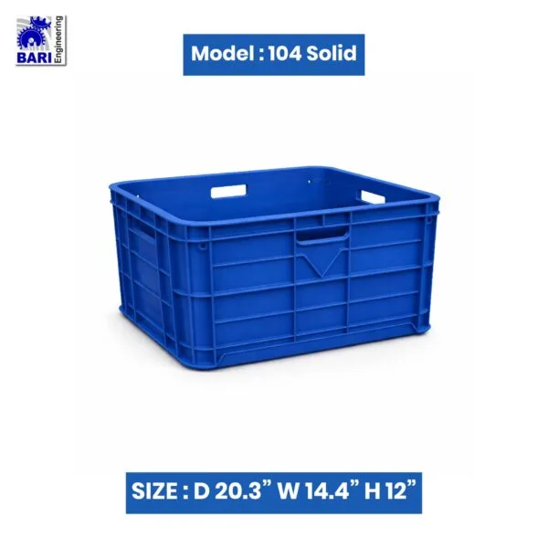 Blue solid plastic crate by Bari Engineering, model 104, size 20.3 x 14.4 x 12 inches