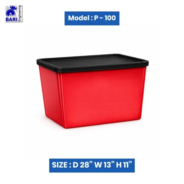 Red plastic storage crate with black lid by Bari Engineering, model P-100, size 28 x 13 x 11 inches