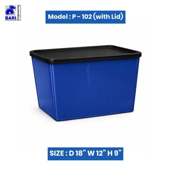 Blue plastic storage box with black lid by Bari Engineering, model P-102, size 18 x 12 x 9 inches