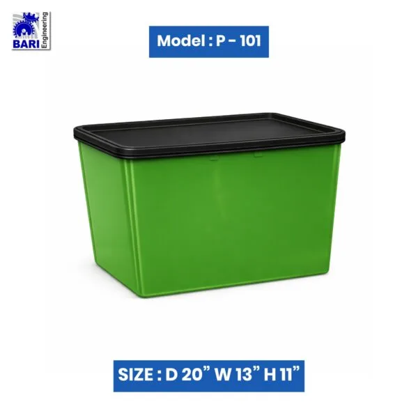 Green plastic storage bin with black lid by Bari Engineering, model P-101, size 20 x 13 x 11 inches