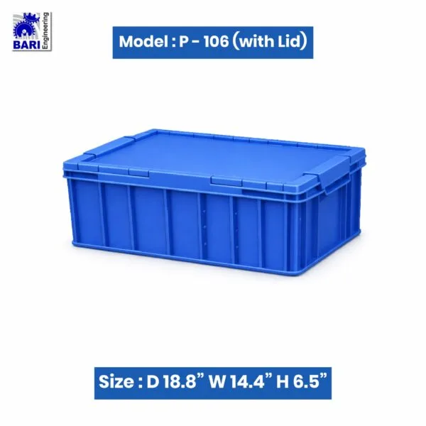 Blue plastic storage crate with lid by Bari Engineering, model P-106, size 18.8 x 14.4 x 6.5 inches