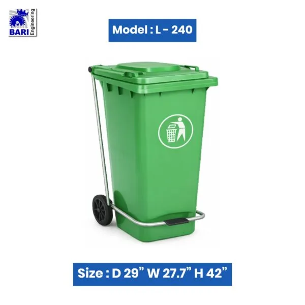 Green 240 liter wheelie dustbin with lid and wheels by Bari Engineering, size 29 x 27.7 x 42 inches